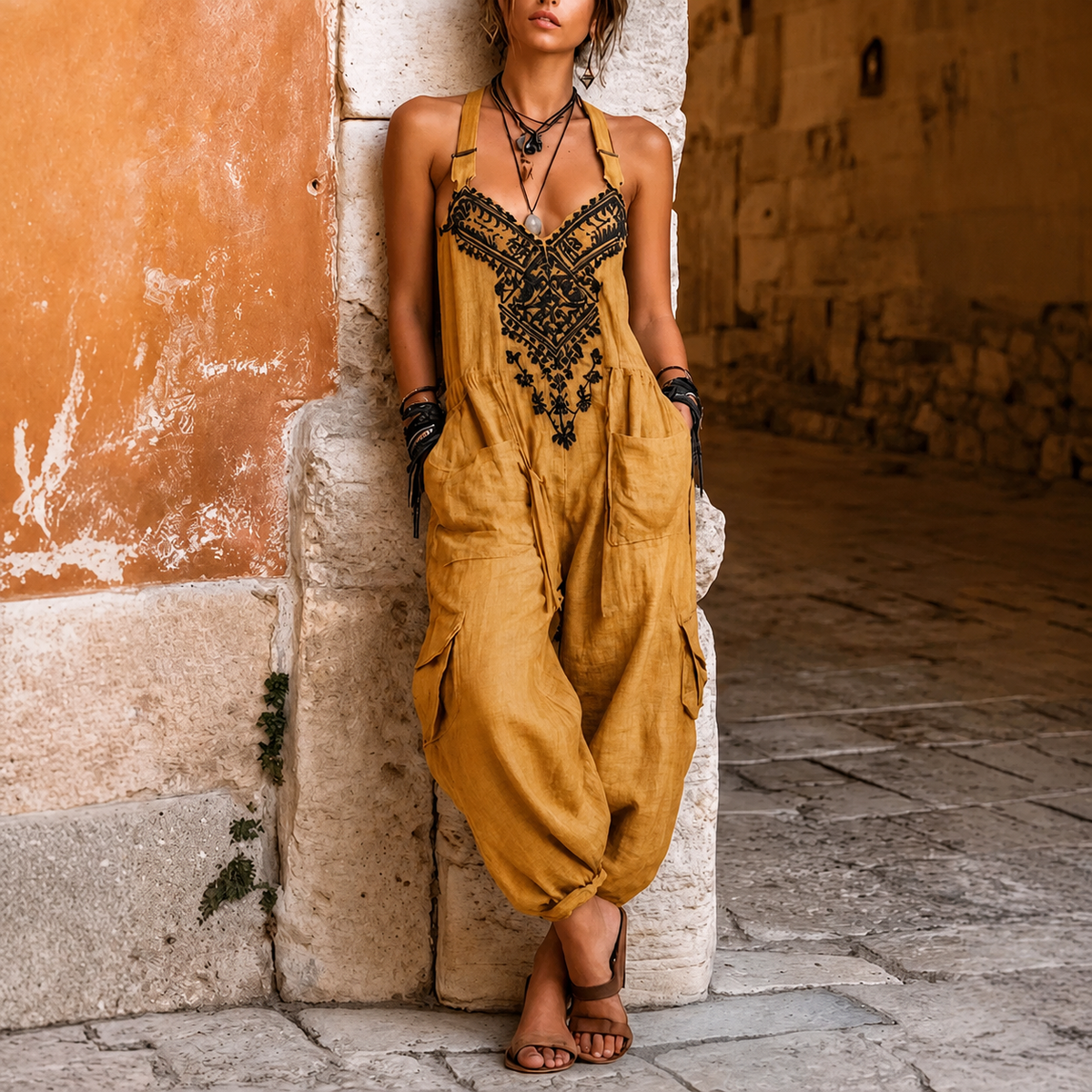 Linentra | Women's Embroidered Boho Jumpsuit