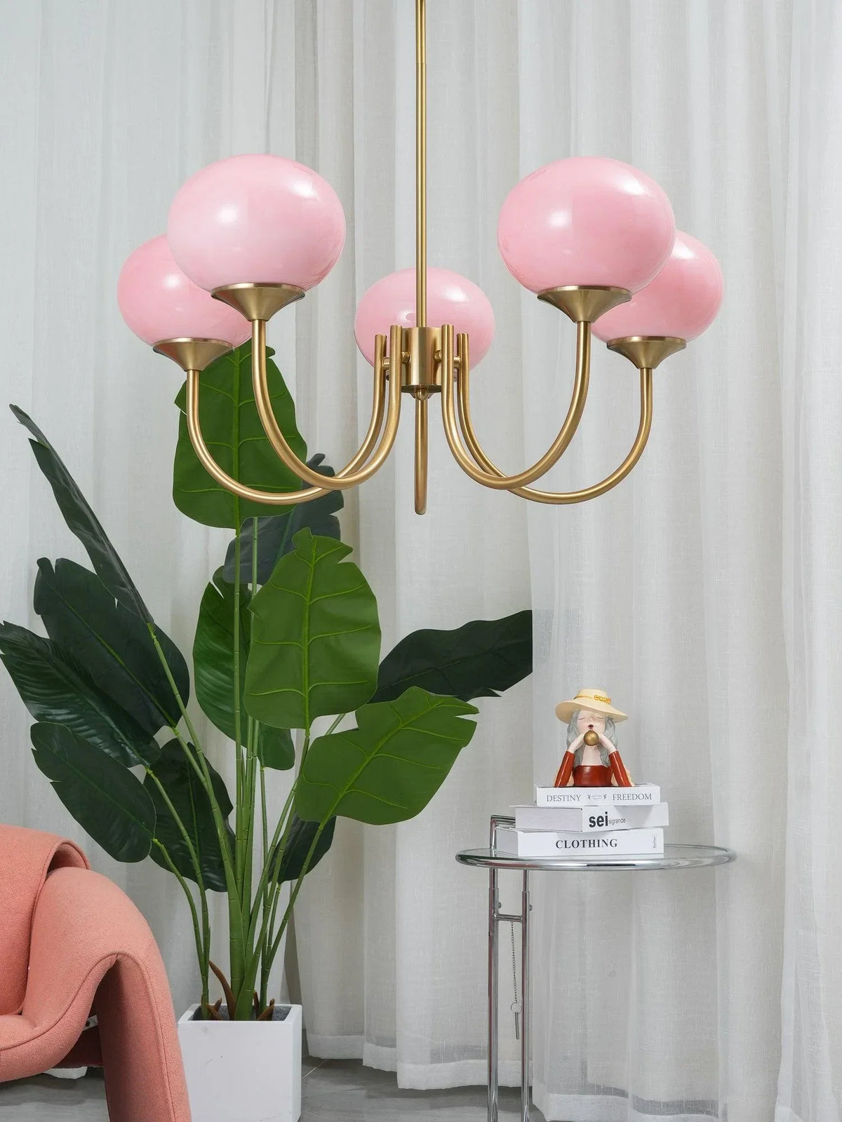 Linentra | Pink Glass Ceiling Light in Gold Finish