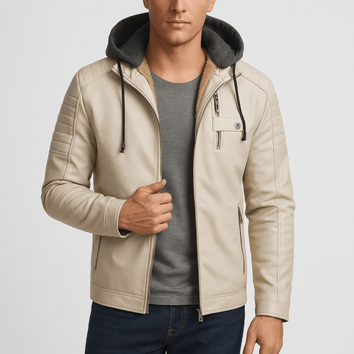 Linentra | Hooded leather coat with quilted sleeves