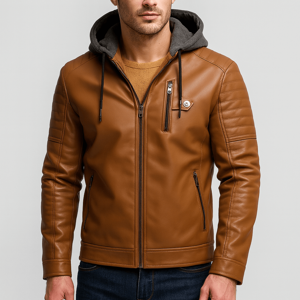 Linentra | Hooded leather coat with quilted sleeves