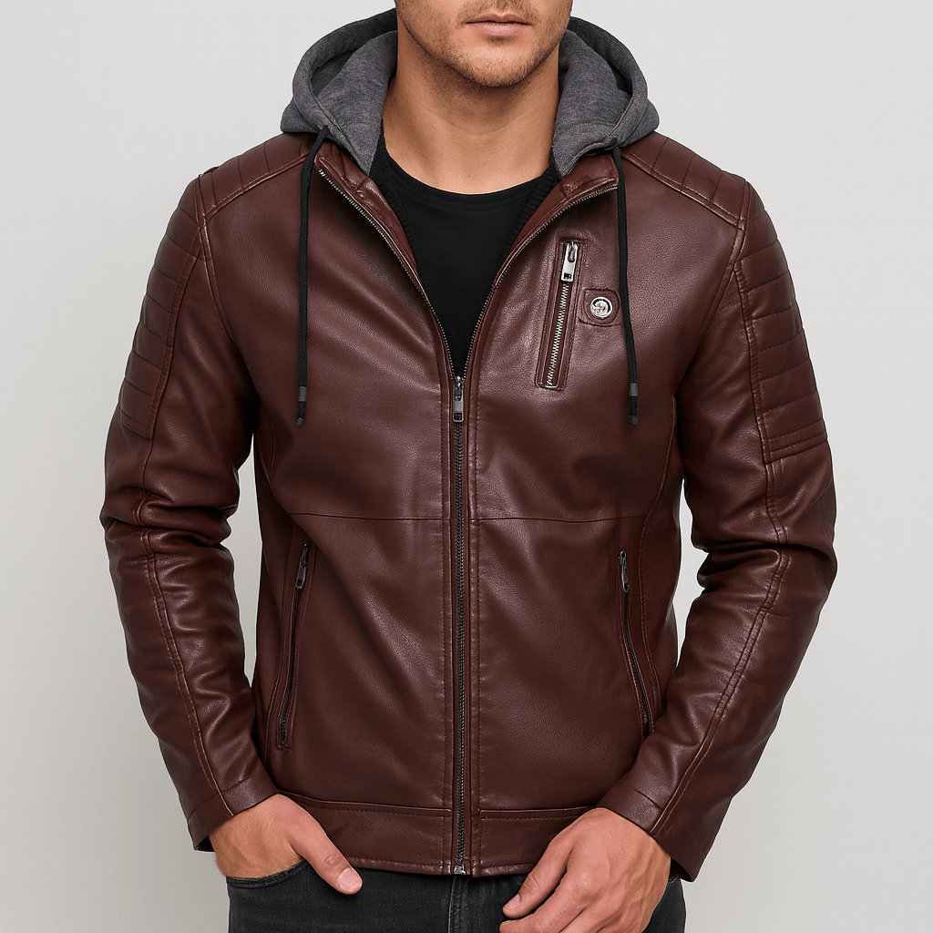 Linentra | Hooded leather coat with quilted sleeves