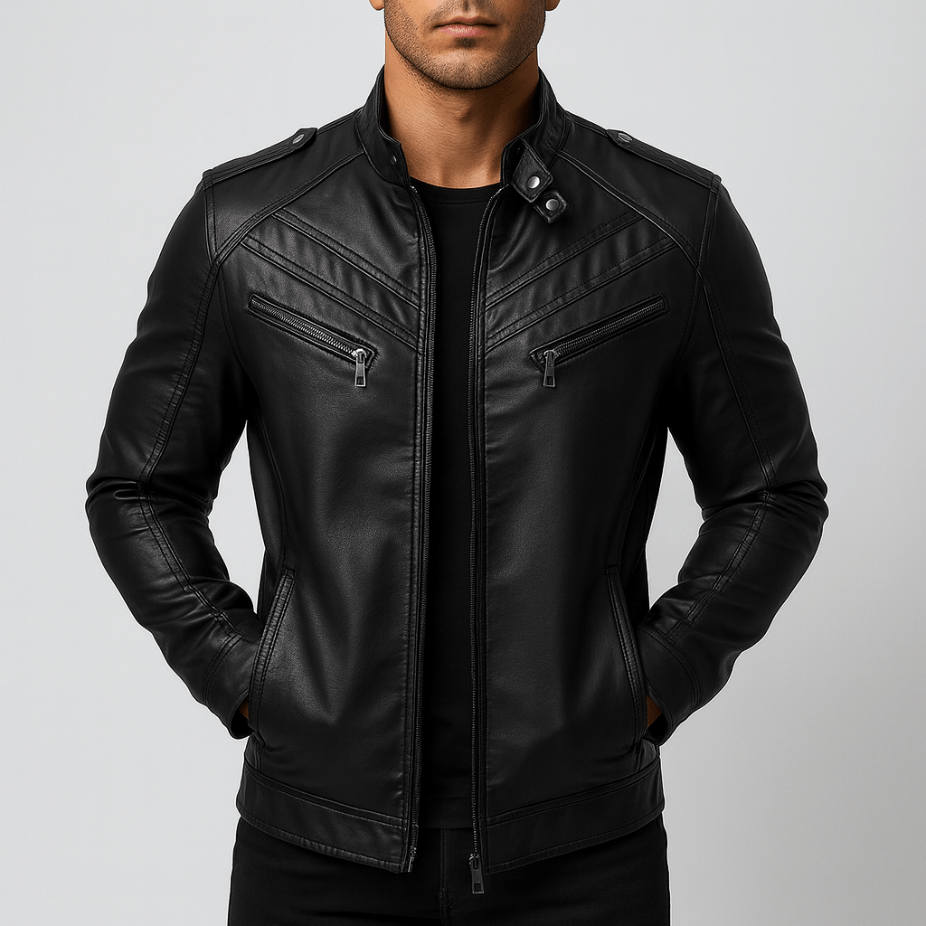 Linentra | Smooth PU leather motorcycle jacket